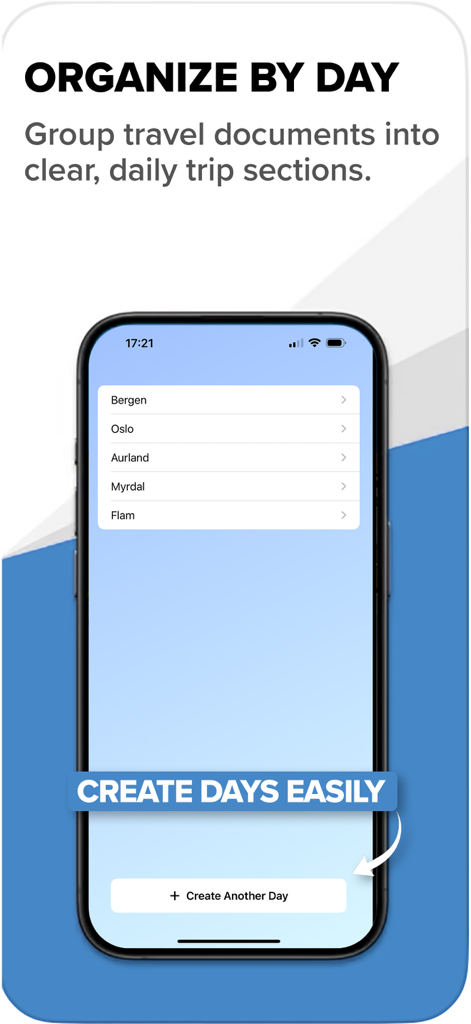 Smartphone screen showing the My Travel Docs app with travel destinations organized by day and a button to create new days