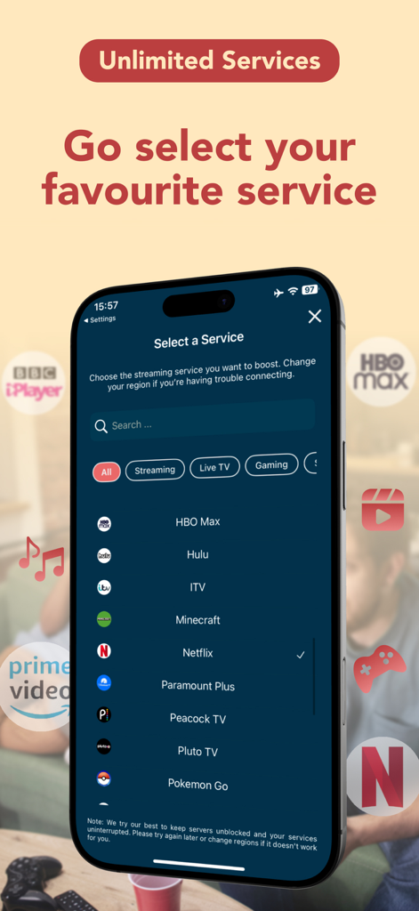 Swiss VPN Free : Fast & Secure - Swiss VPN interface for selecting streaming and gaming services like Netflix and HBO Max