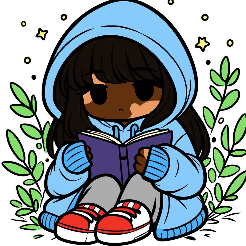 girl in oversized hoodie reading a book
