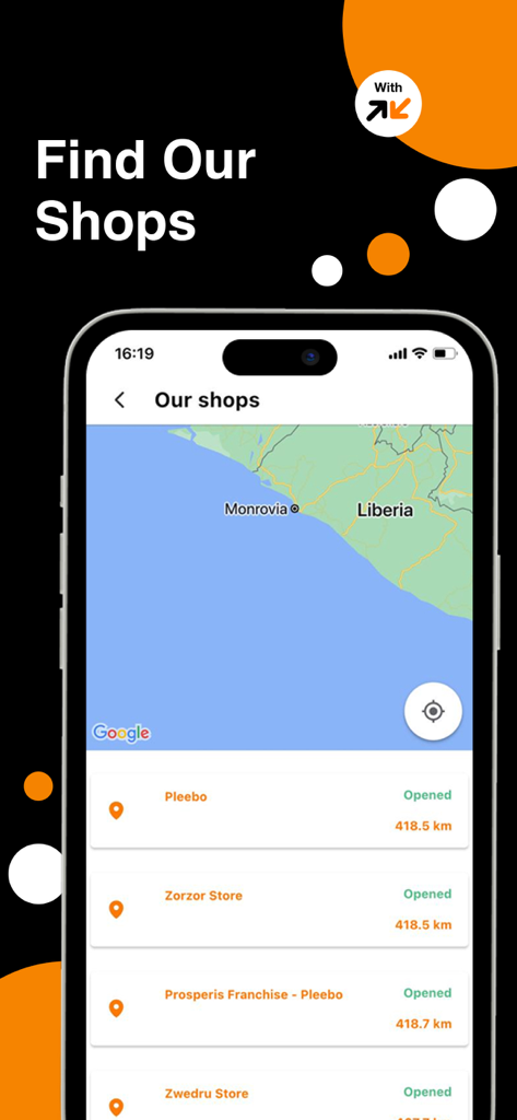 Pantalla localizador de tiendas de la aplicación Orange Max it mostrando un mapa de Liberia y una lista de ubicaciones de tiendas con su estado y distancia