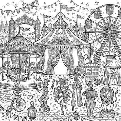 Step right up to a world of wonder with this incredibly detailed adult carnival coloring page, perfect for bringing the excitement of the big top to life. Immerse yourself in intricate fairground scenes, from majestic Ferris wheels to lively performers, designed to spark joy and relaxation.