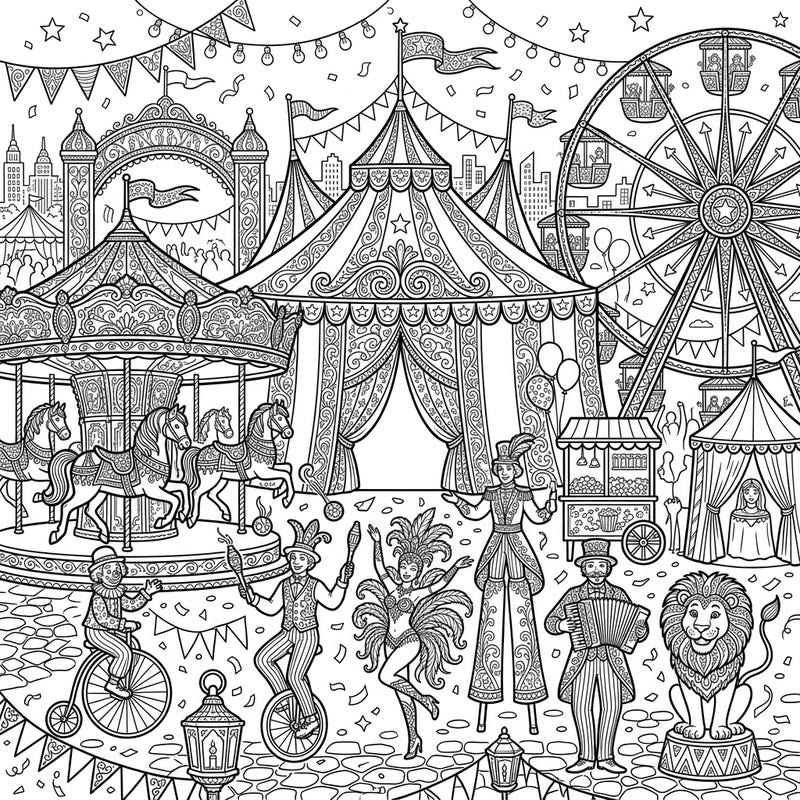 Step right up to a world of wonder with this incredibly detailed adult carnival coloring page, perfect for bringing the excitement of the big top to life. Immerse yourself in intricate fairground scenes, from majestic Ferris wheels to lively performers, designed to spark joy and relaxation.