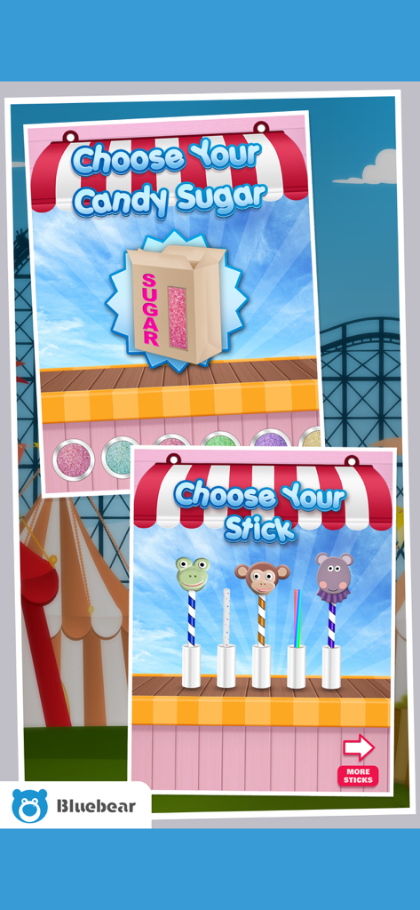 Cotton Candy!  - Maker Games - Pantallas de juego para elegir azúcares con sabor y palitos decorativos para algodón de azúcar.