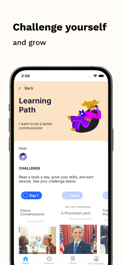 SumizeIt: Daily Book Summaries - Interface do aplicativo SumizeIt exibindo uma trilha de aprendizado para habilidades de comunicação com um desafio de leitura diária.