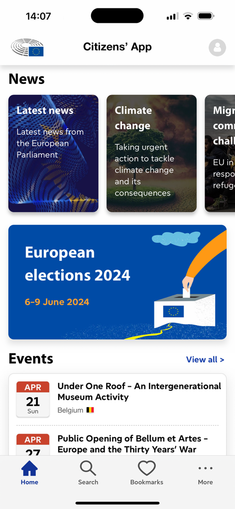 Citizens' App - Schermata principale dell'App dei Cittadini che mostra schede di notizie UE, un banner per le elezioni europee del 2024 e un elenco di eventi imminenti.