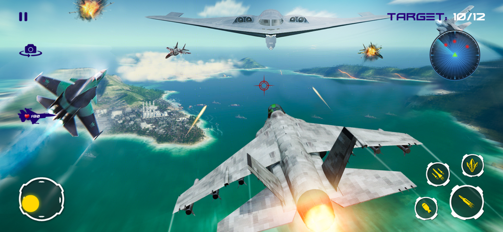 Action-packed 3D air combat dogfight with modern warplanes and a stealth bomber over a tropical coast.