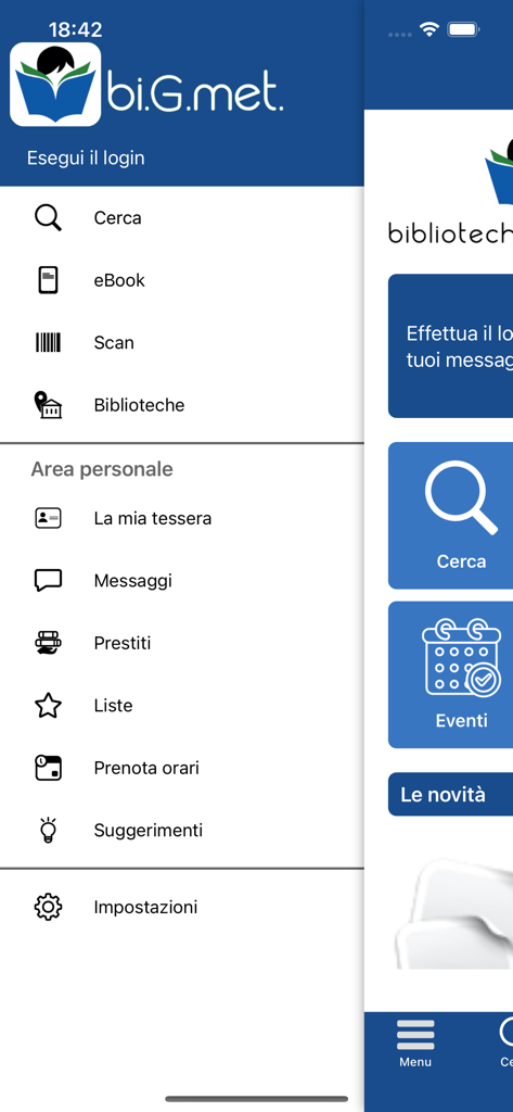 Screenshot of the bi.G.met mobile app sidebar menu showing options for search, ebooks, and personal account management.