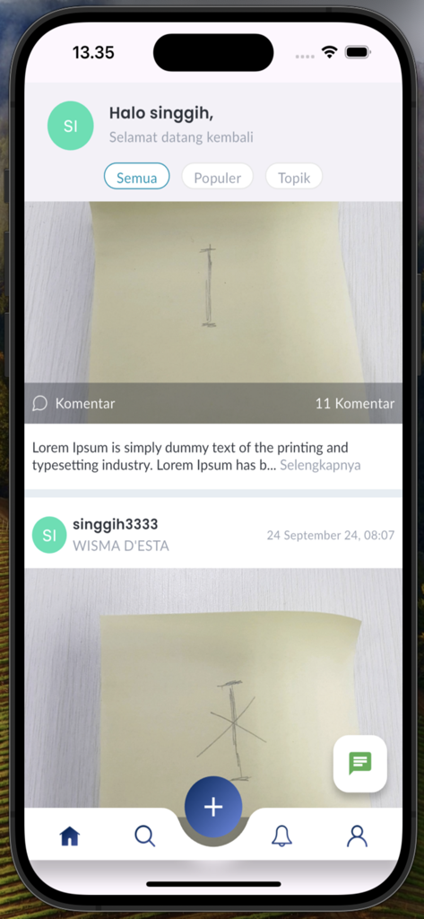 Screenshot der Silent Intip Mobile App News-Feed und Benutzeroberfläche für Berichte