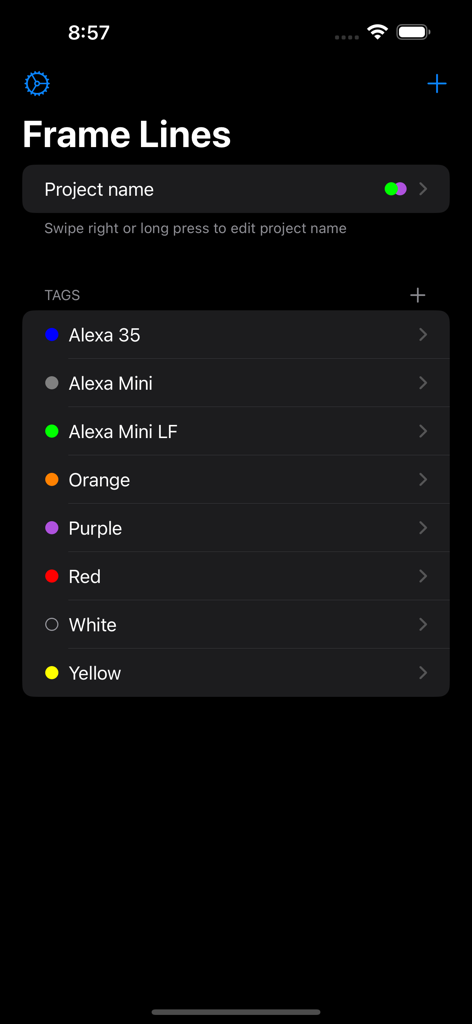Frame Line PRO - Frame Line PRO app project management screen with tags for ARRI camera models
