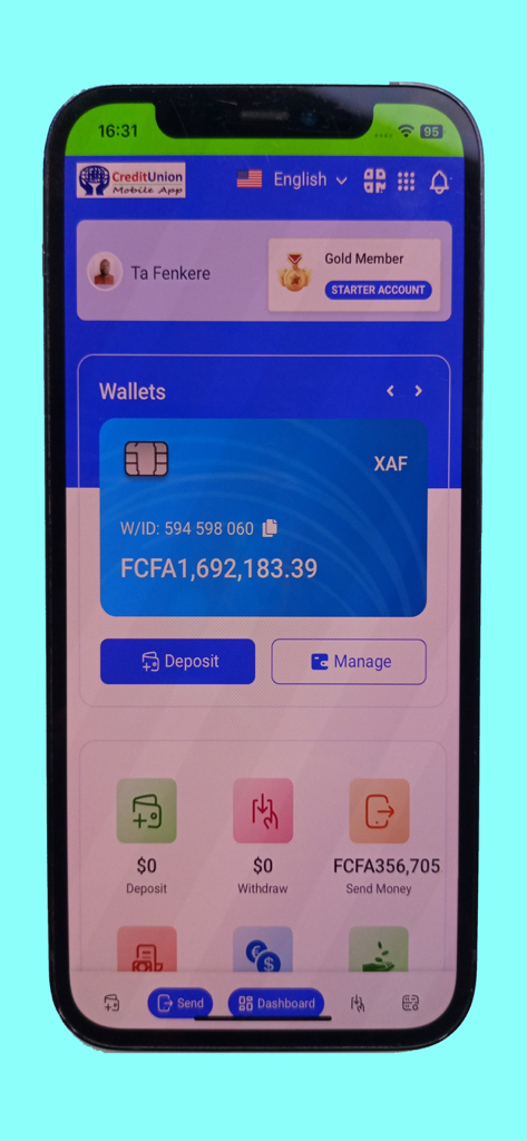 Credit Union Mobile App - Credit Union mobile app dashboard showing a digital wallet with a balance in XAF and quick action buttons for deposit and send money