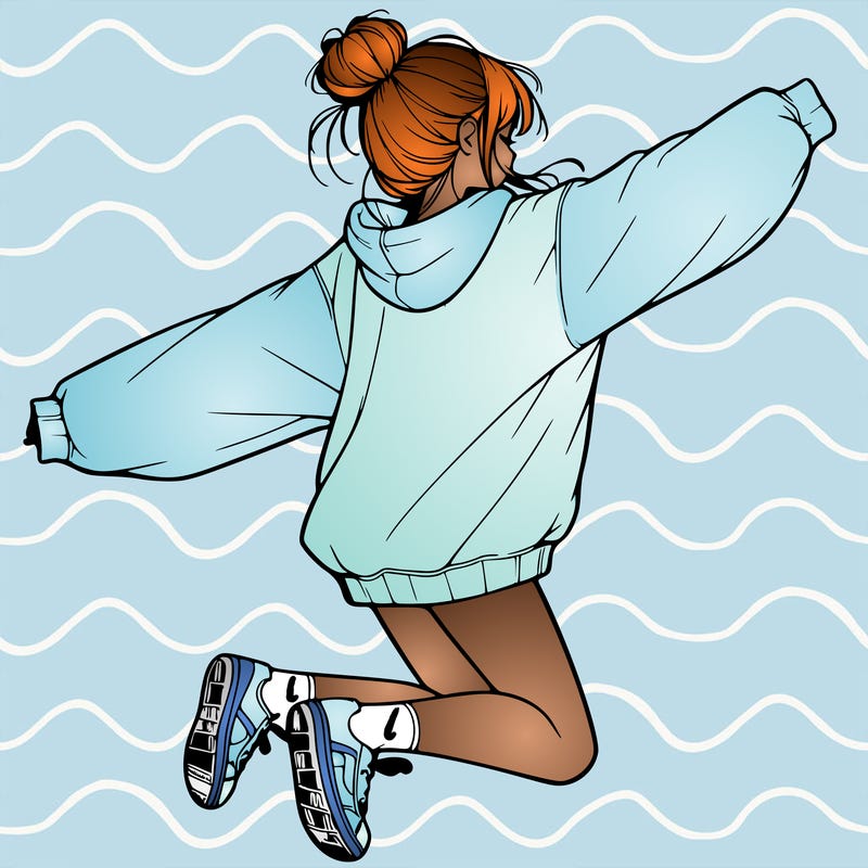 realistic girl jumping with a bun and oversized sweatshirt