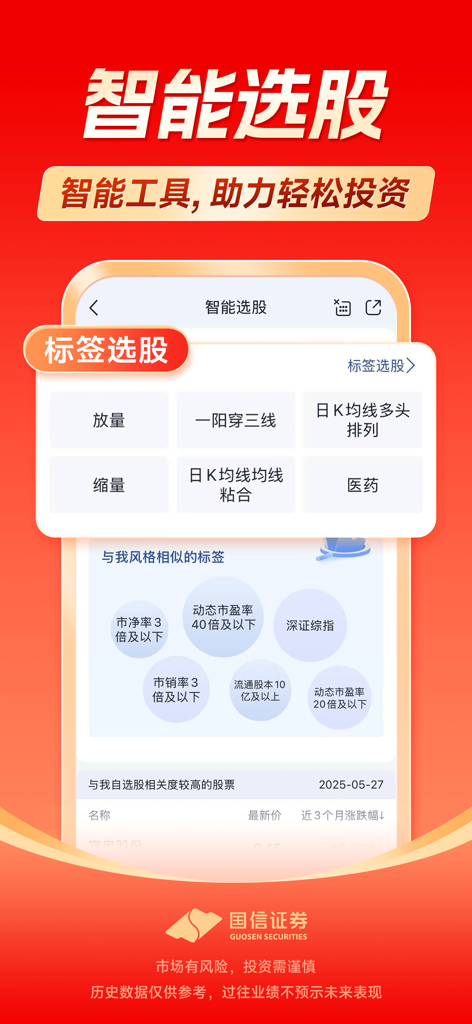 Benutzeroberfläche der Guosen Golden Sun App für die intelligente Aktienauswahl mithilfe technischer Tags und Finanzindikatoren.