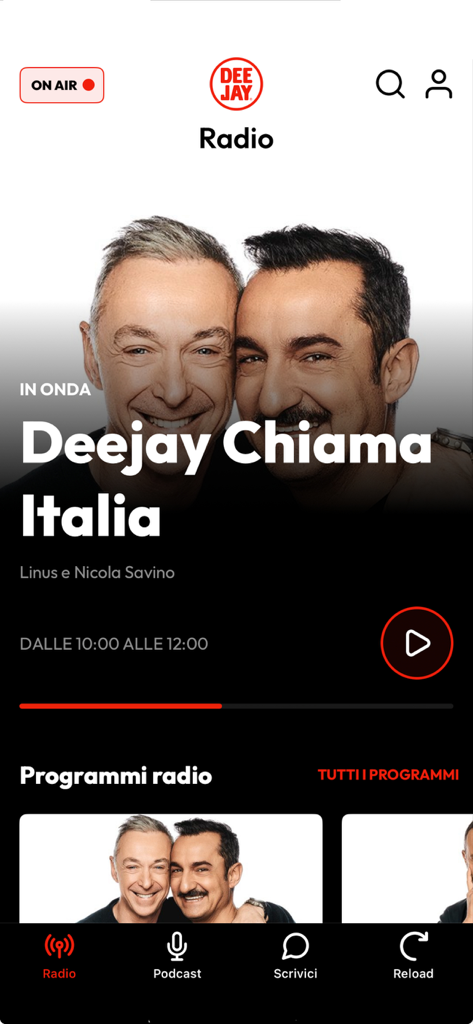 Radio Deejay - The Radio Deejay app interface displaying the live show Deejay Chiama Italia with hosts Linus and Nicola Savino