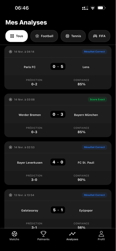 iA ParisSportif - AI sports analysis dashboard showing football match predictions and confidence scores