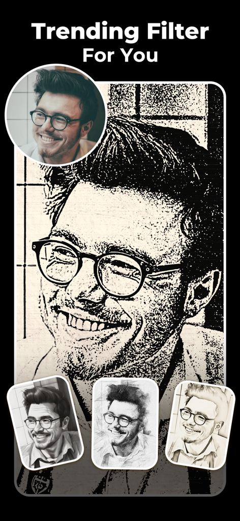 Pencil Sketch Photo Editor - A portrait of a smiling man transformed into various artistic pencil sketch styles using trending app filters