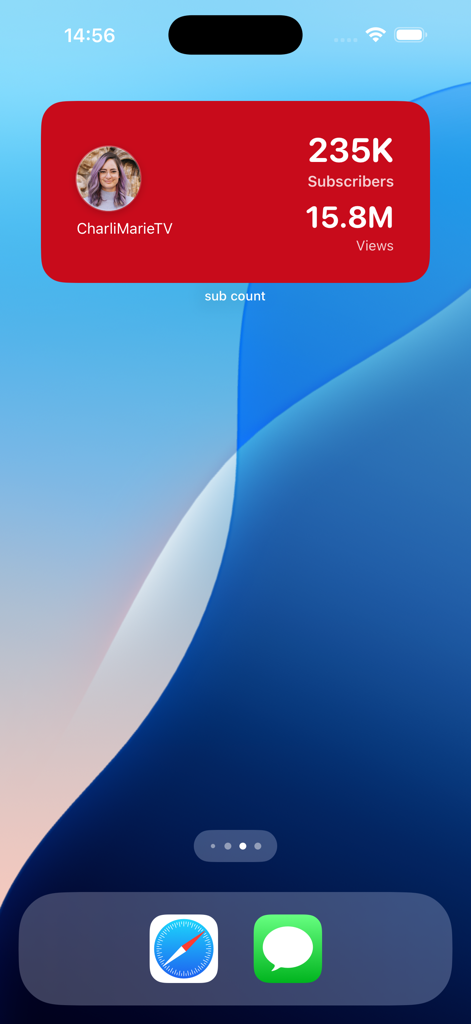 Sub Count - iPhone-Startbildschirm-Widget, das Echtzeit-YouTube-Abonnenten- und Aufrufzahlen für einen Kanal anzeigt