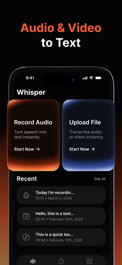 Whisper AI | Voice to Text - Whisper AI app home screen with options to record audio and upload files for voice to text transcription