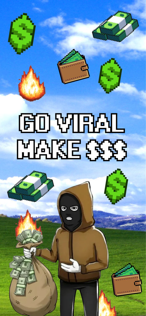 Memelord Mobile - お金の袋を持ったキャラクターと「GO VIRAL MAKE MONEY」というテキストが表示されたMemelord Mobileアプリのプロモーション画面