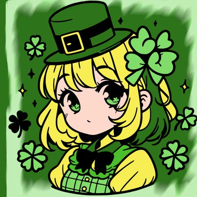 a manga-style girl with clovers around her, a little hat in her hair, like it's saint patrick's day