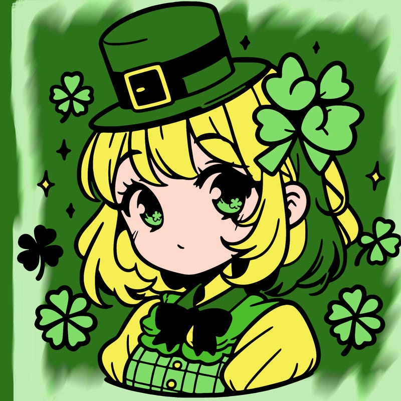 a manga-style girl with clovers around her, a little hat in her hair, like it's saint patrick's day