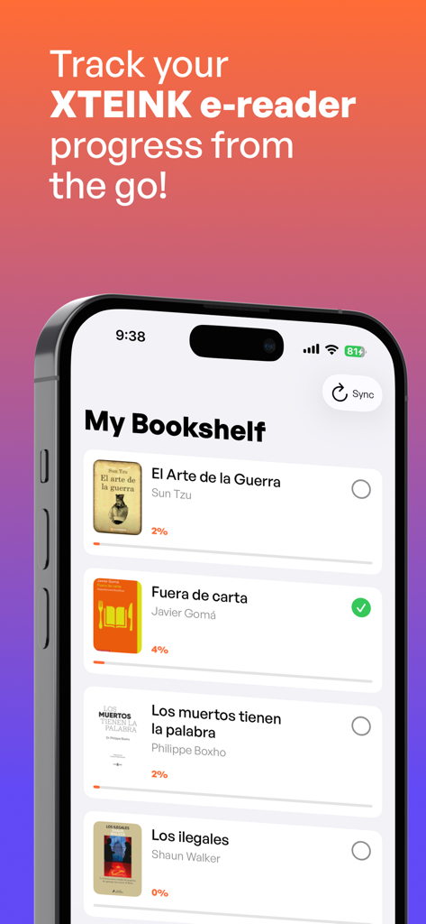 Bookshelf: book tracker - Pantalla de iPhone que muestra la interfaz de la aplicación Bookshelf con una lista de libros y sus porcentajes de progreso de lectura
