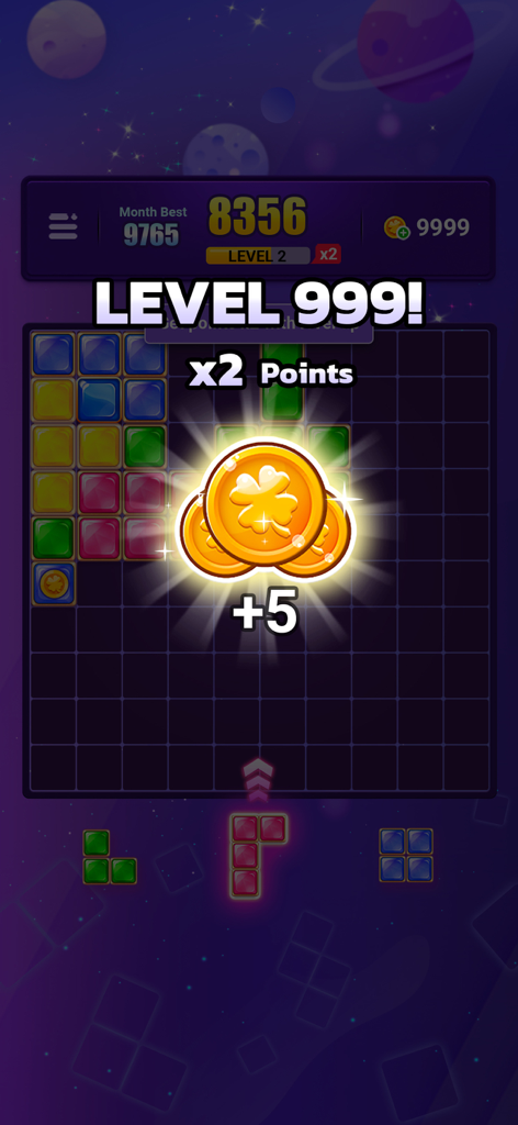 Block Puzzle Jewel :Gem Legend - Tela de conquista de Block Puzzle Jewel mostrando o nível 999 alcançado com moedas de ouro e blocos de joias de bônus