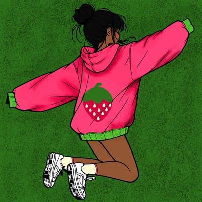 realistic girl jumping with a bun and oversized sweatshirt