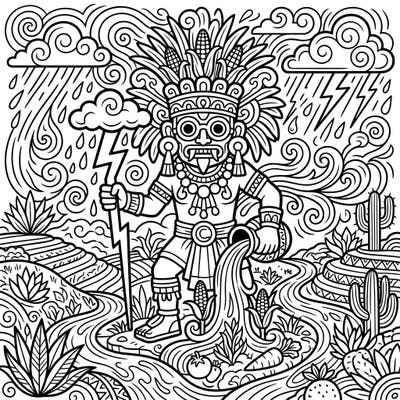 Unleash your creativity with this intricate coloring page featuring Tlaloc, the powerful Aztec god of rain and fertility. Immerse yourself in a world of ancient mythology and vibrant natural elements as you bring this divine scene to life.
