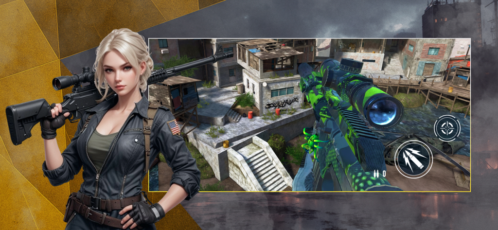 Sniper Army: Shooter Gun Arena - Female sniper character and first person shooter view of a camouflaged rifle in an urban arena
