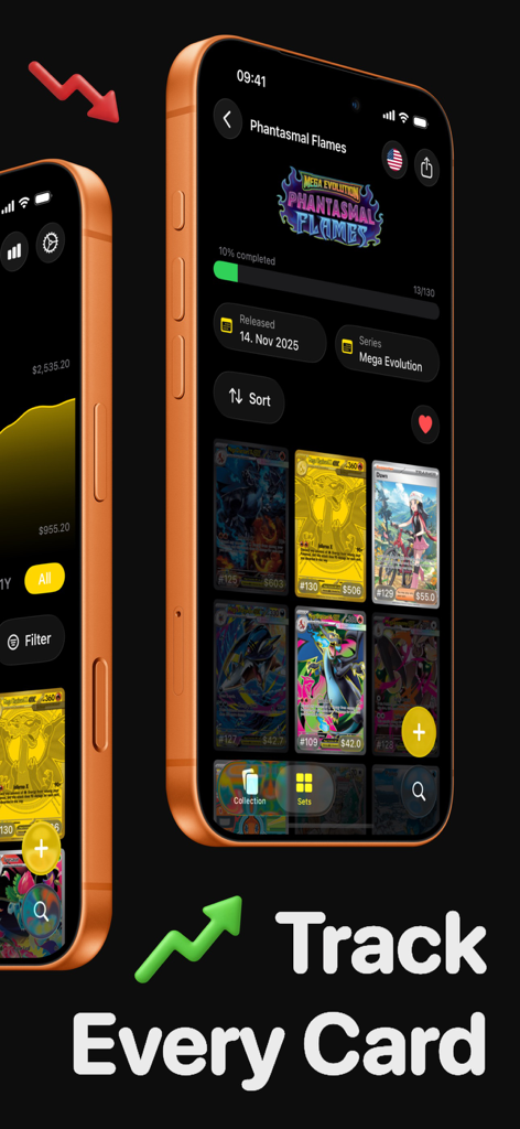 Pokefolio for Pokemon TCG - Pokefolio mobile app interface showing a Pokemon card set with market prices and collection progress tracking