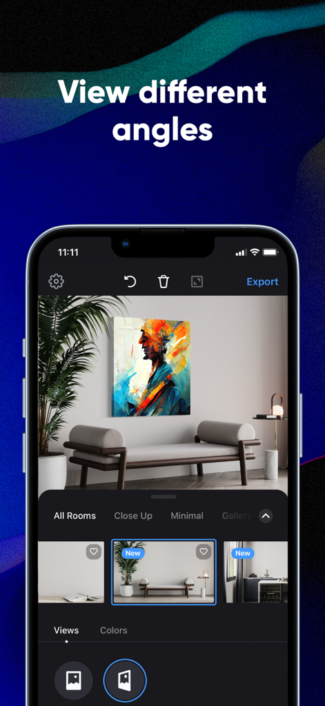 Smartist: Art Preview on Wall - Smartist app interface showing an artwork previewed from a perspective angle in a modern interior room