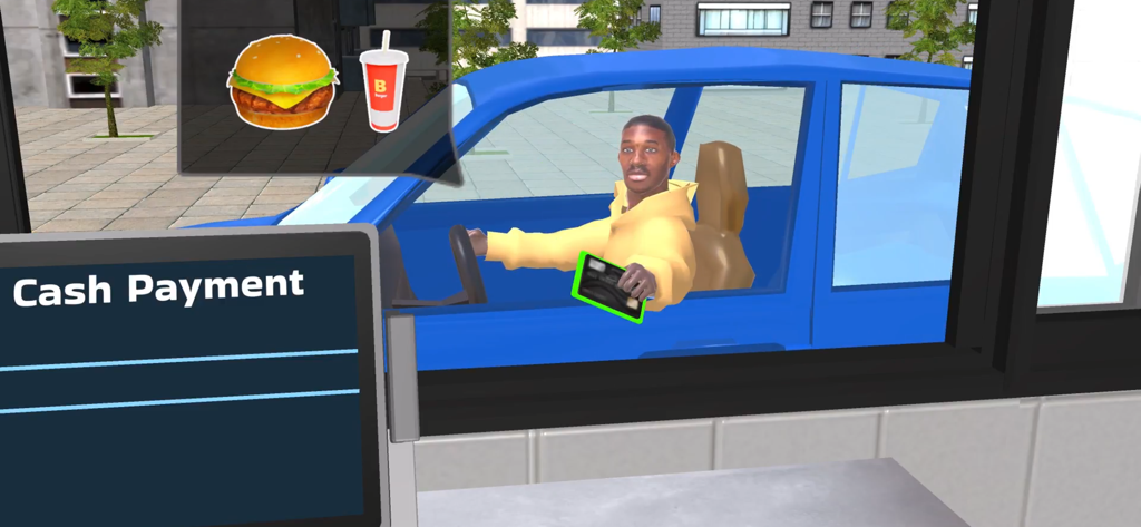 A drive-thru customer in a blue car paying for a burger and soda order with a card.