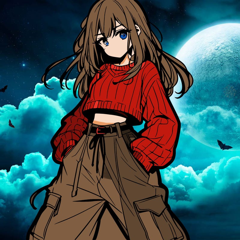 anime teen girl with baggy pants and crop top with sweater