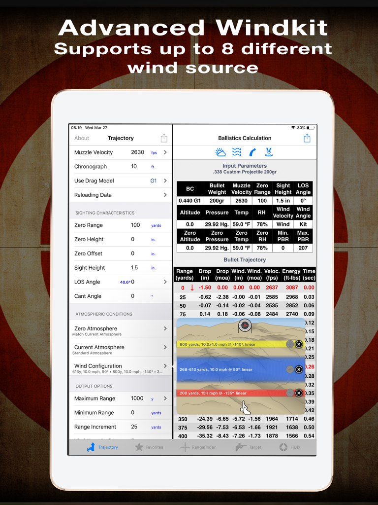 Ballistic iPad Edition interface showing advanced windkit and bullet trajectory calculations