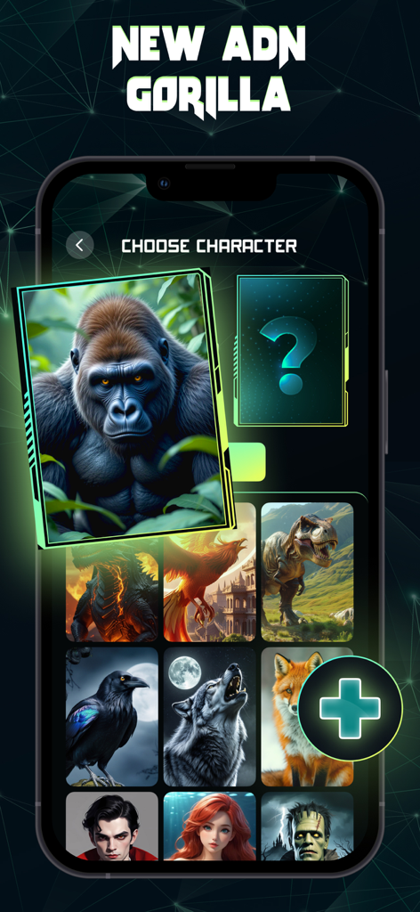 AI Fusion: Merge Character - Mobile app interface of AI Fusion showing the character selection screen with a gorilla card highlighted
