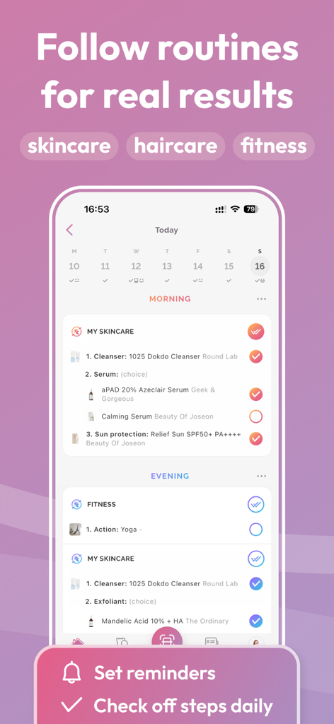 FeelinMySkin mobile app showing a daily routine with checkboxes for morning skincare products and an evening yoga session.