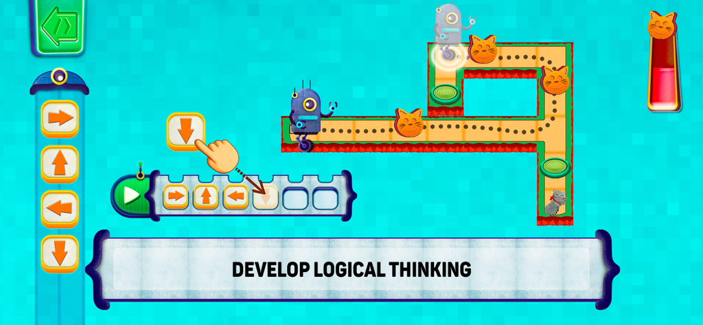 Robot navigating a path with coding blocks to save a cat in an educational game