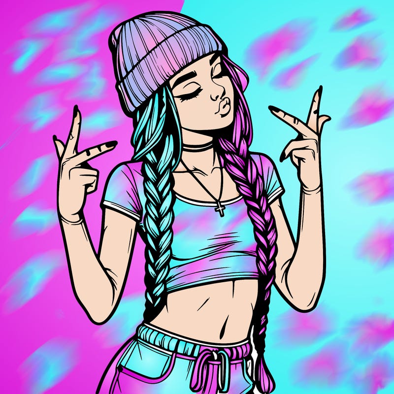 realistic teenage girl with braids and a beanie and crop top doing 🫶🏼