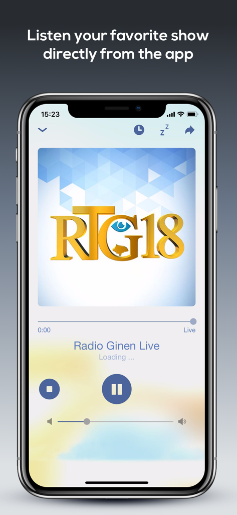 Radio Tele Ginen - iPhone screen showing the Radio Tele Ginen live audio player interface with the RTG18 logo