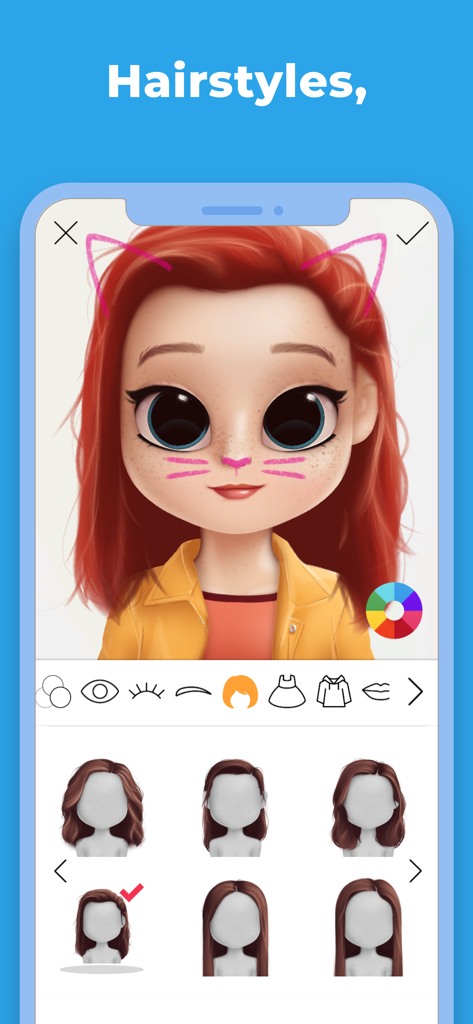 A screenshot of the Dollify app interface showing a character portrait and various hairstyle options for customization.