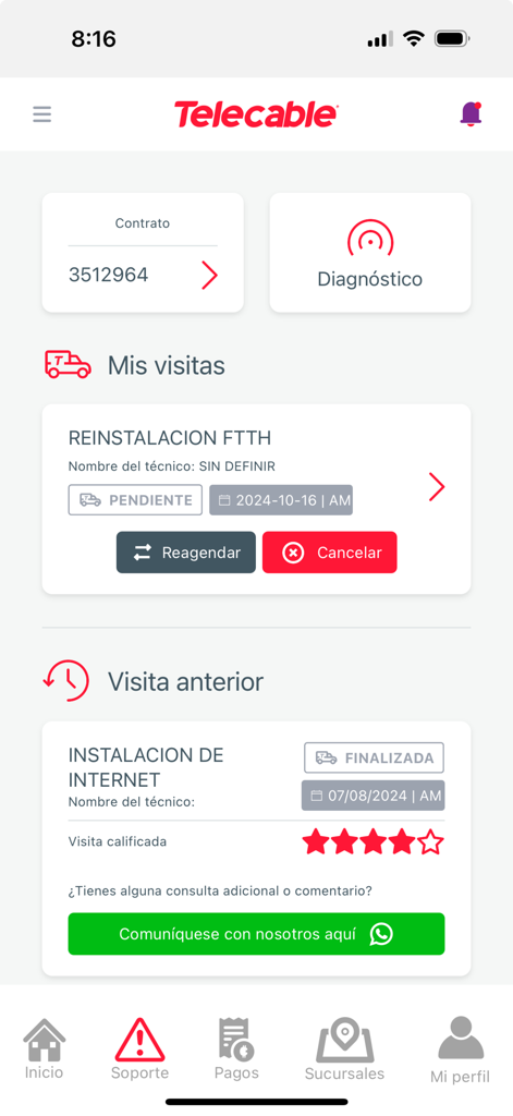 Pantalla de la aplicación móvil de Telecable mostrando visitas técnicas de servicio actuales y pasadas para instalación de fibra óptica.