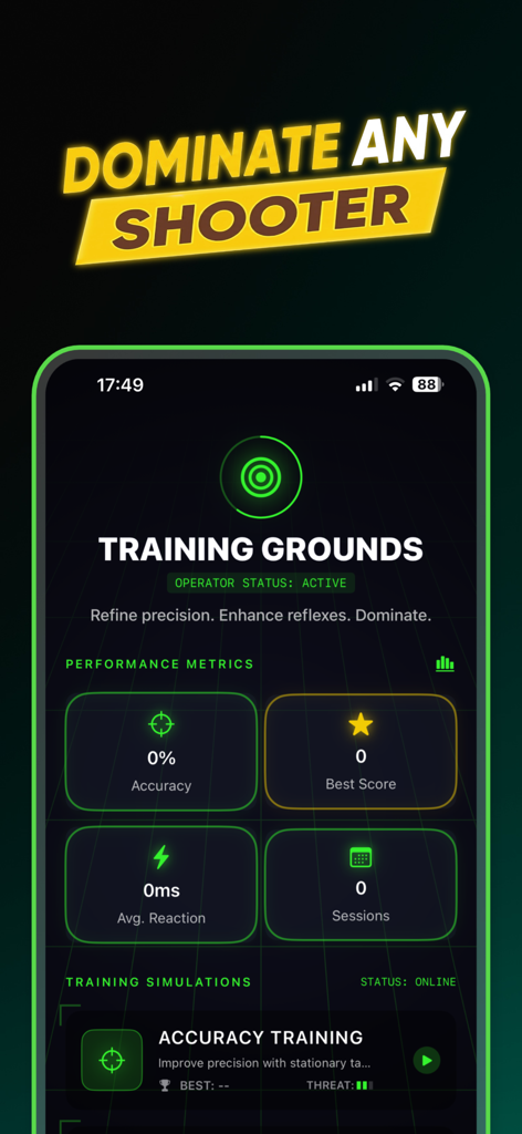 Crosshair V2 - FFH4x Pro - Interfaccia dell'app mobile che mostra il campo di addestramento con metriche di performance per accuratezza e tempo di reazione.
