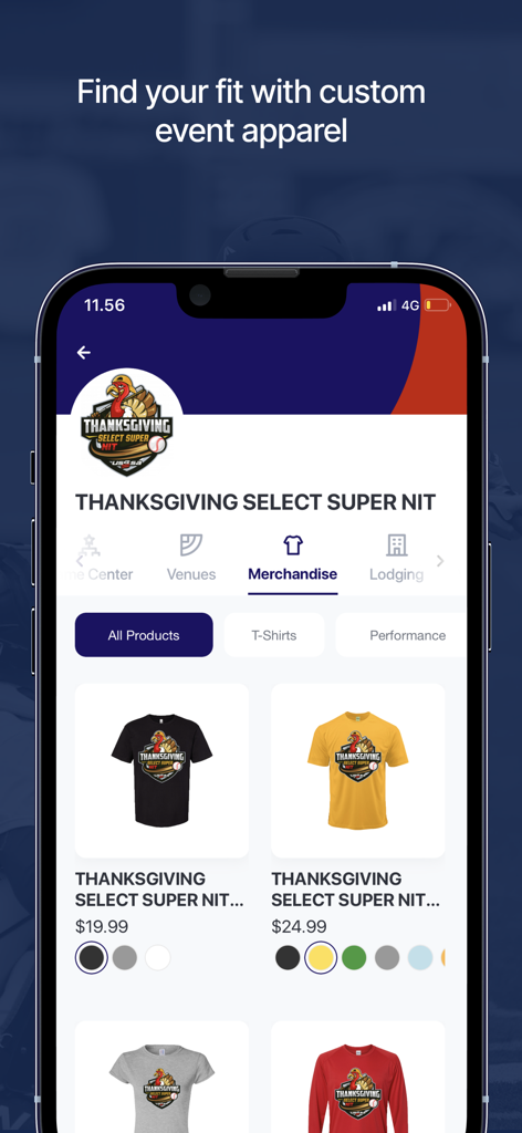 USSSA - USSSAモバイルアプリの商品ページに、カスタムトーナメントアパレルやTシャツが表示されています