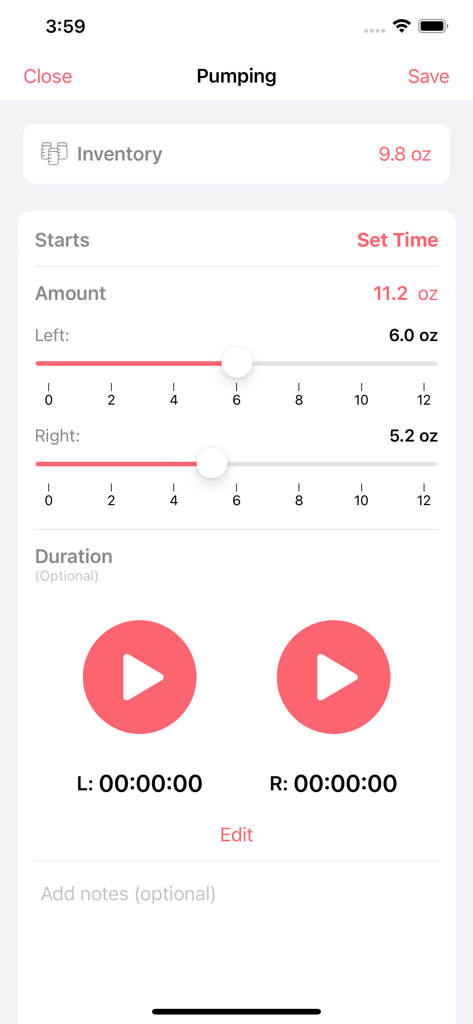 Newborn Tracker Baby App adamo - Adamoアプリの搾乳記録画面。母乳の量と時間の追跡が表示されています。