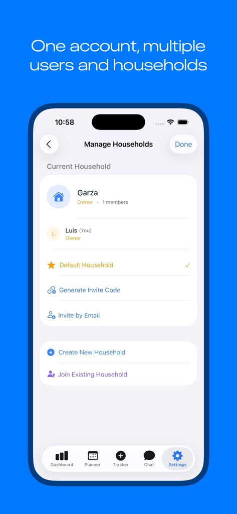 Household & Family Budget App - Interfaz que muestra cómo administrar múltiples hogares e invitar a miembros de la familia a la aplicación de presupuesto.