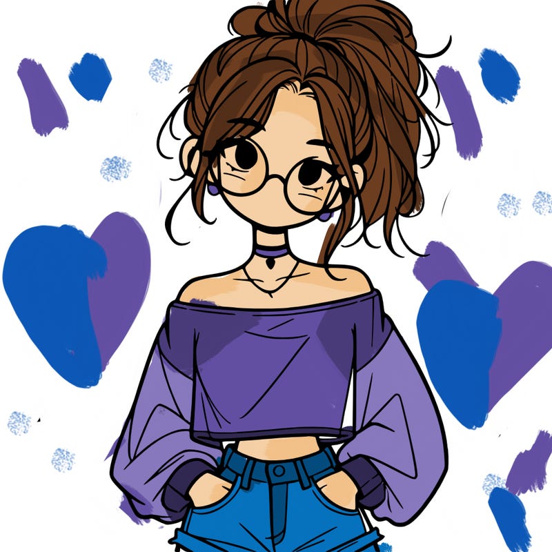 girl with a messy ponytail glasses a baggy crop top and jean shorts