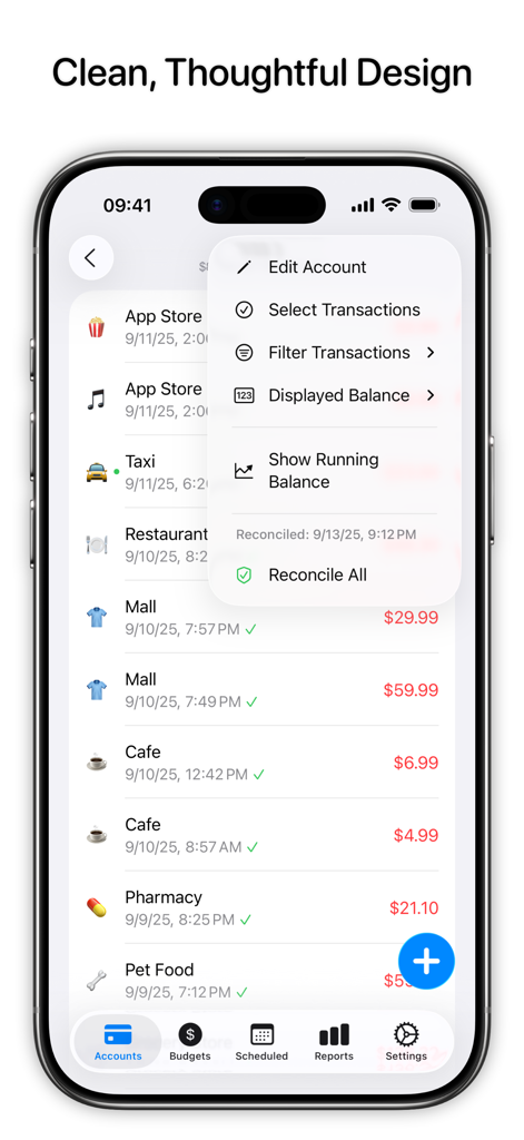 Aplicativo Balance mostrando uma lista de transações e um menu de gerenciamento de contas em um iPhone