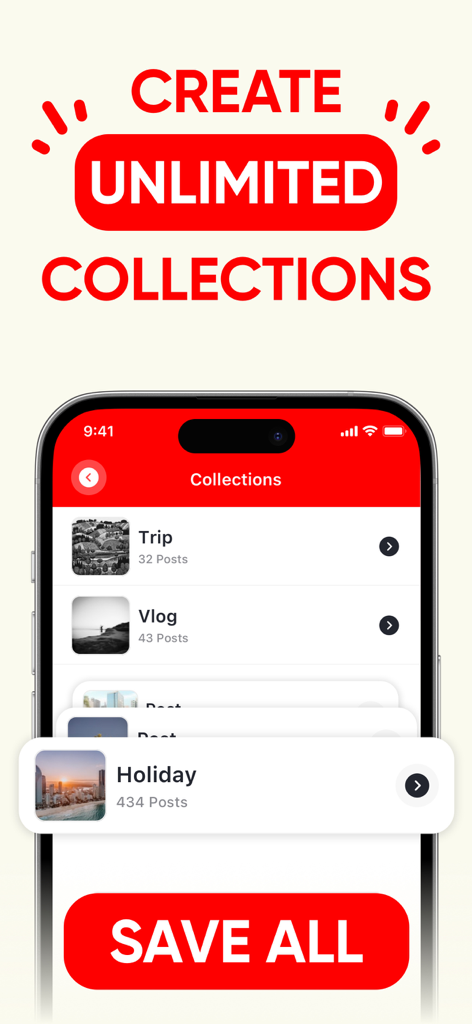 PinSave - Save Pinterest Video - Interface de l'application mobile PinSave montrant une liste de dossiers créés par l'utilisateur pour organiser les vidéos et images enregistrées