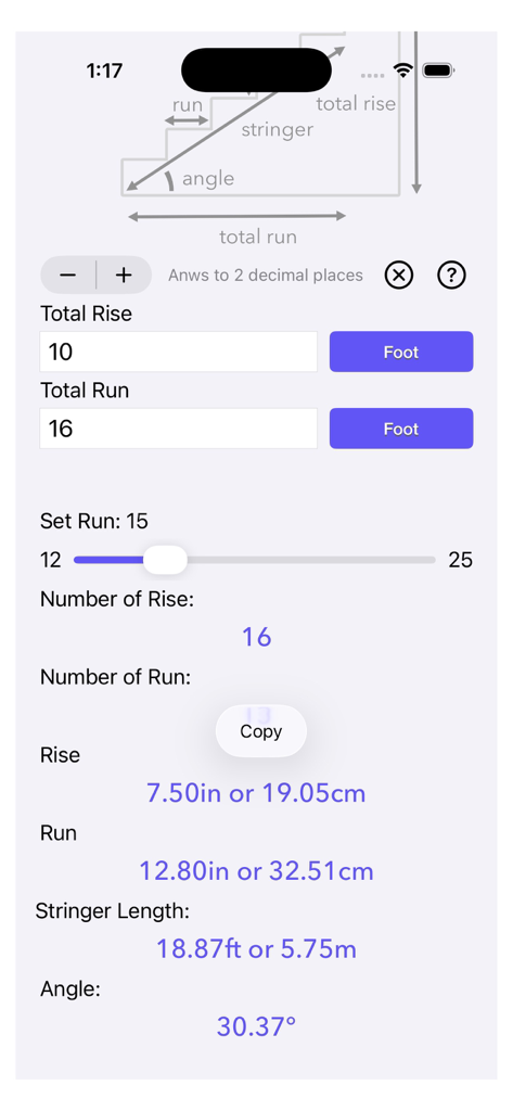 Interface of the Stair Calculator Plus app showing calculated stair rise, run, stringer length, and angle results.