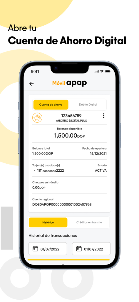 Interface of Movil APAP mobile banking app showing digital savings account balance and transaction details